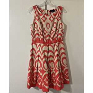 JUST TAYLOR Women's 6 Sleeveless Fit Flair DRESS Jacquard Fabric ORANGE Ivory